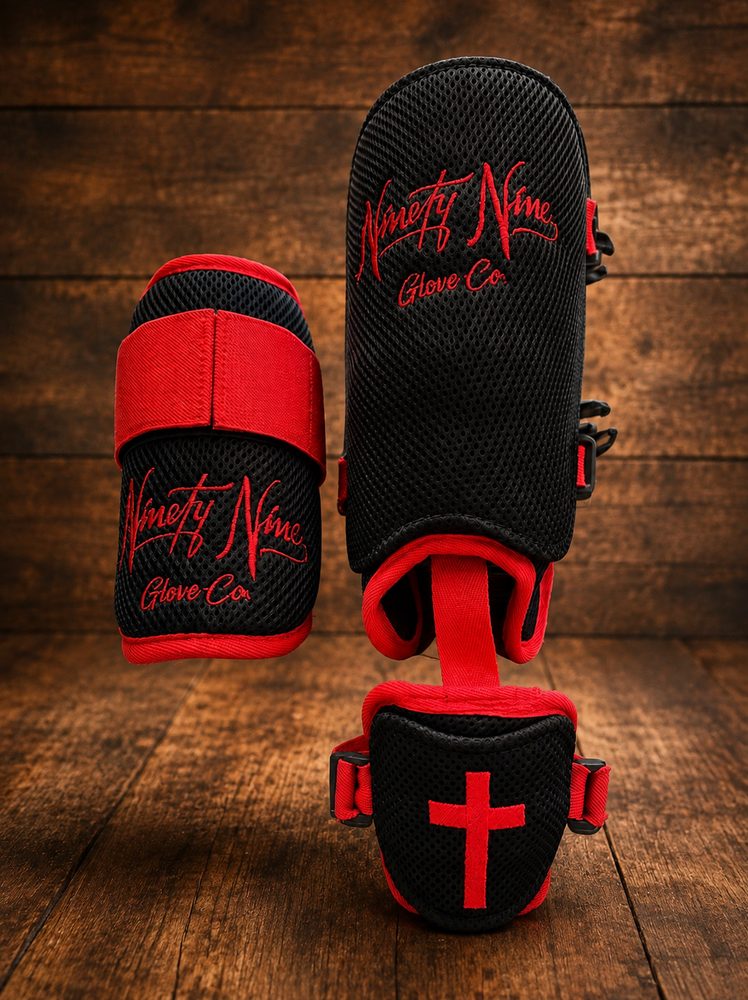 Ninety Nine Glove Co. custom leg and elbow guards, red and black