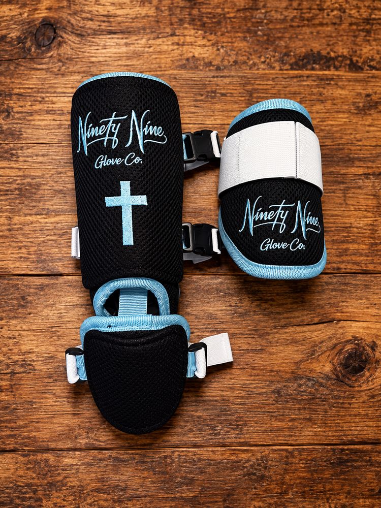 Ninety Nine Glove Co. custom leg and elbow guards, black and light blue